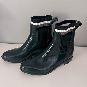 Serra Dark Green Glossy Chelsea Rain Boots with Black & White Knit Cuff